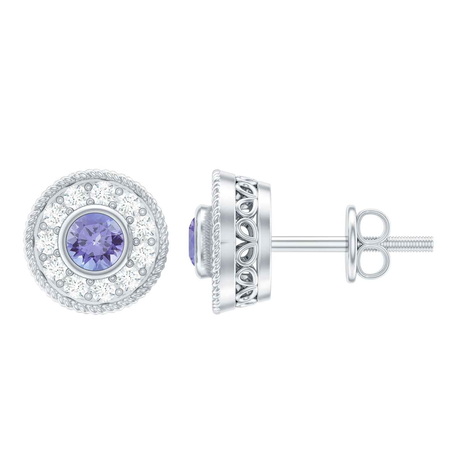 Antique Style Tanzanite and Diamond Halo Stud Earrings