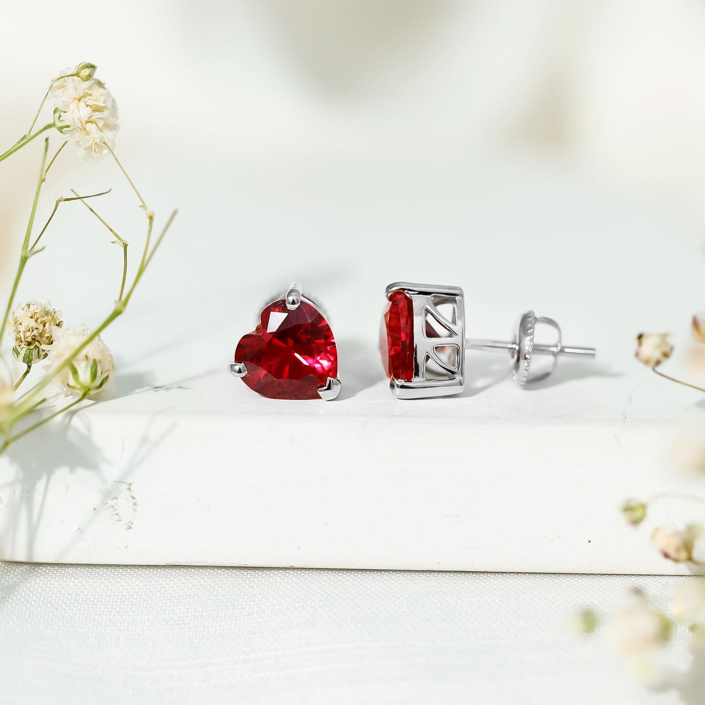 Heart Shape Lab Created Ruby Solitaire Stud Earrings
