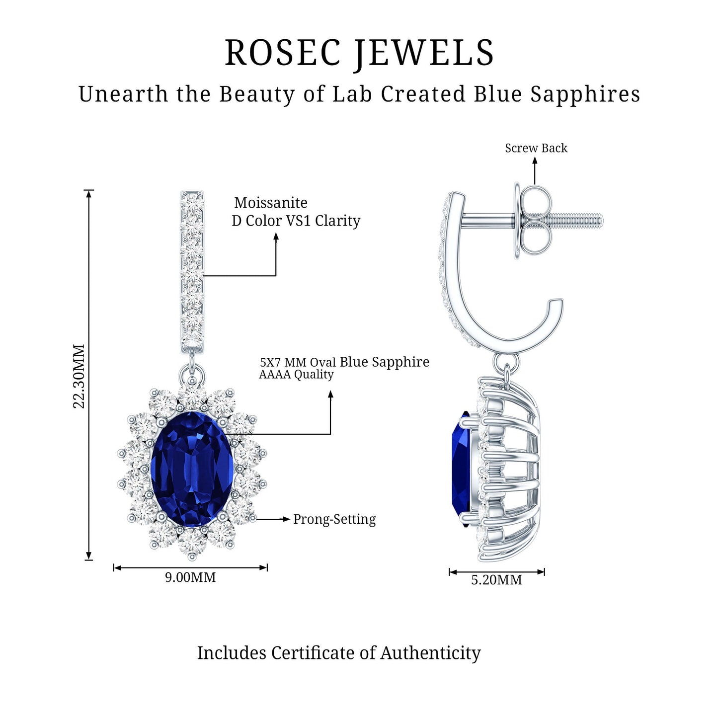 Certified Oval Lab Grown Blue Sapphire Hoop Drop Earrings with Moissanite