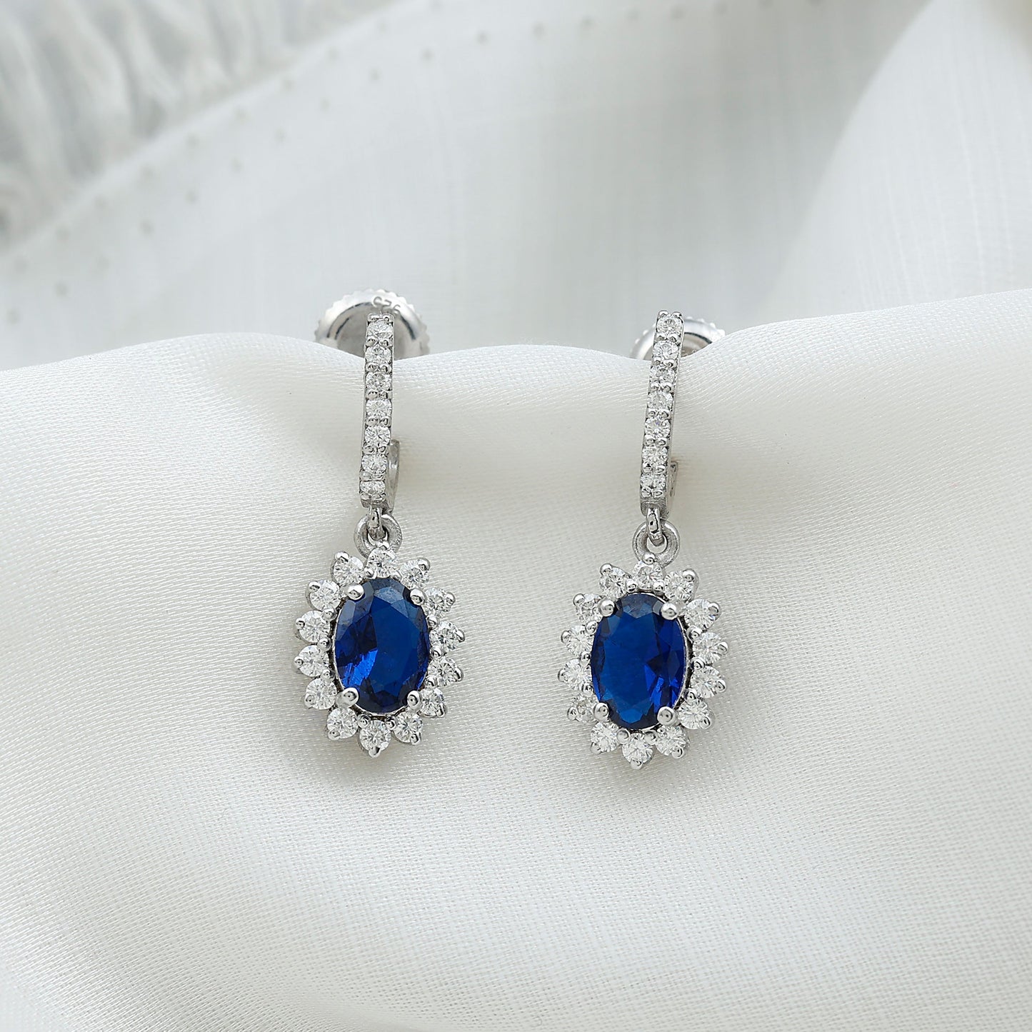 Women's Lab Grown Blue Sapphire Princess Diana Inspired Earrings