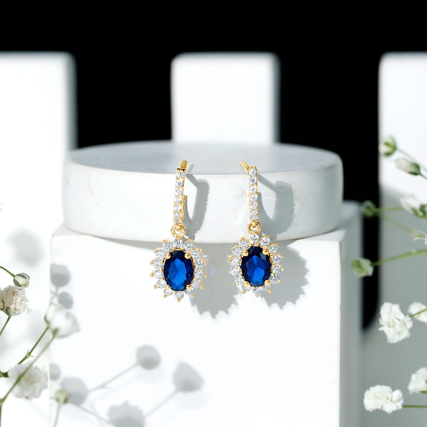 Certified Oval Lab Grown Blue Sapphire Hoop Drop Earrings with Moissanite