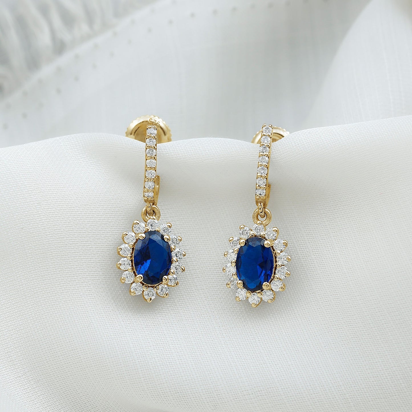 Certified Oval Lab Grown Blue Sapphire Hoop Drop Earrings with Moissanite