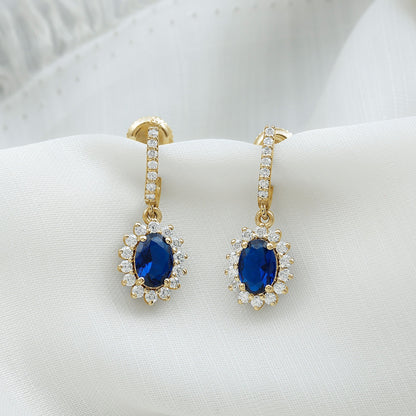 Certified Oval Lab Grown Blue Sapphire Hoop Drop Earrings with Moissanite