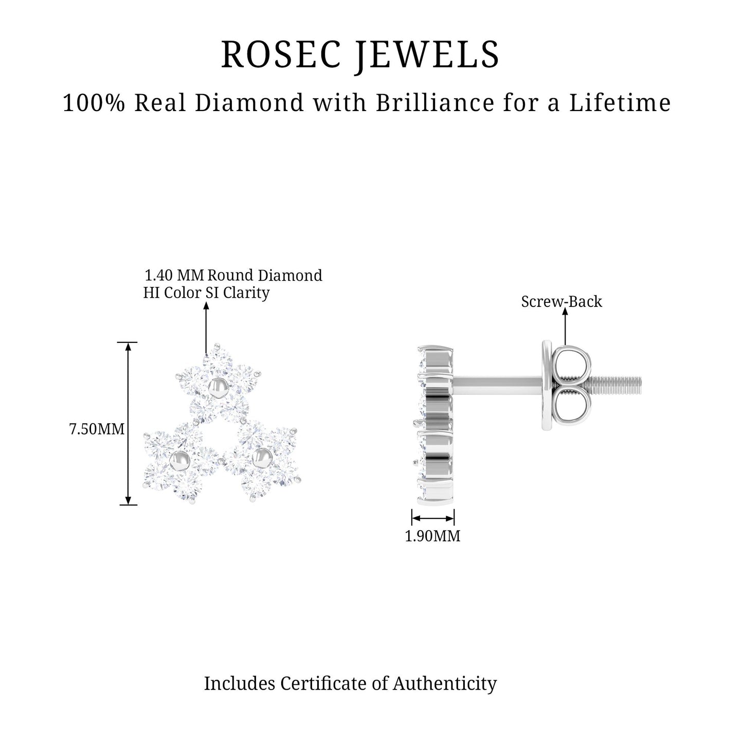 Round Cut Genuine Diamond Cluster Flower Stud Earrings