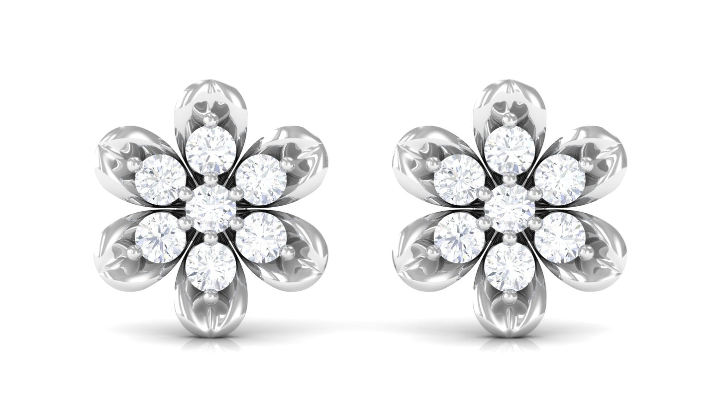 Brilliant Cut Diamond Flower Stud Earrings with Screw Back