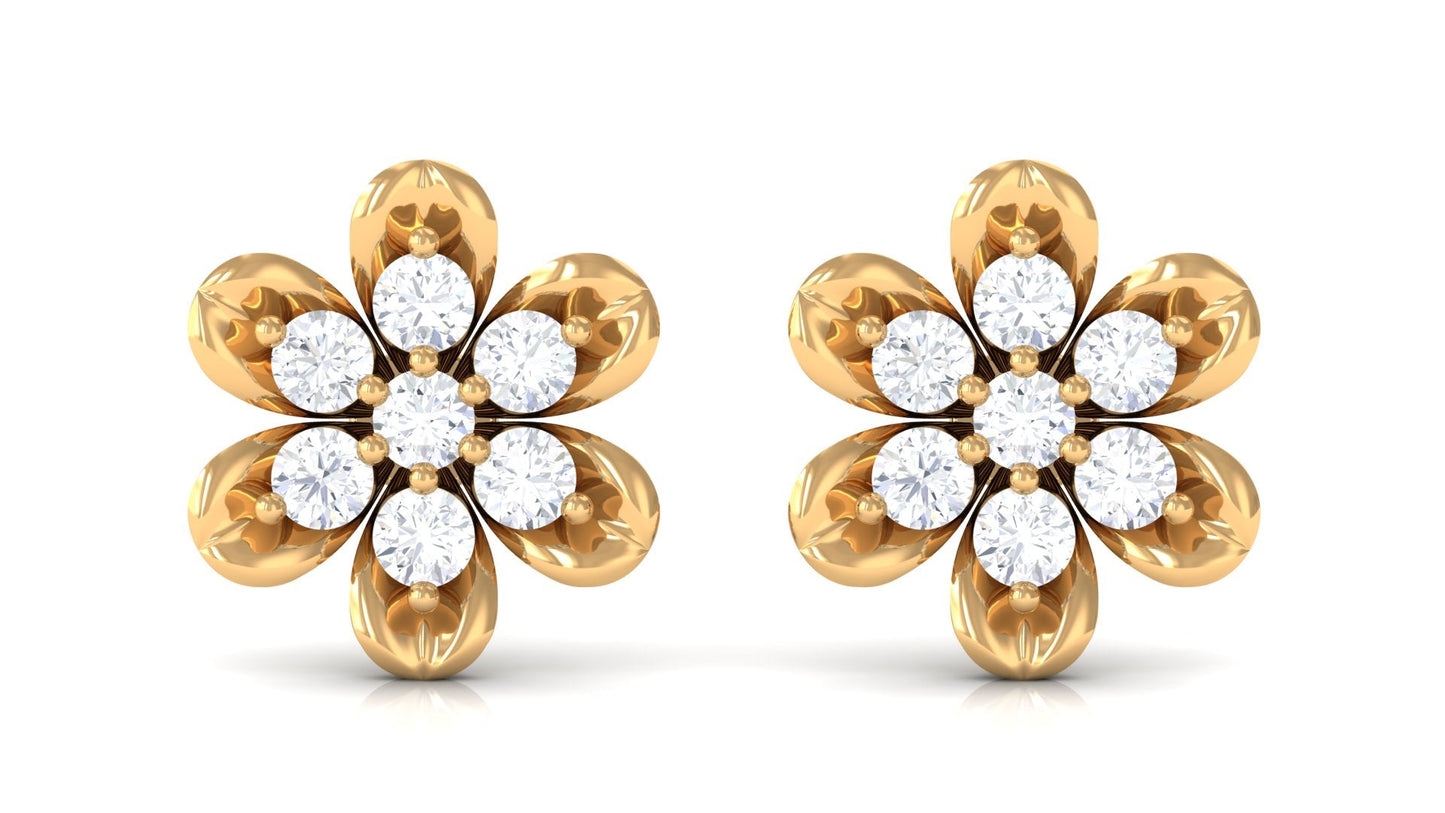 Brilliant Cut Diamond Flower Stud Earrings with Screw Back