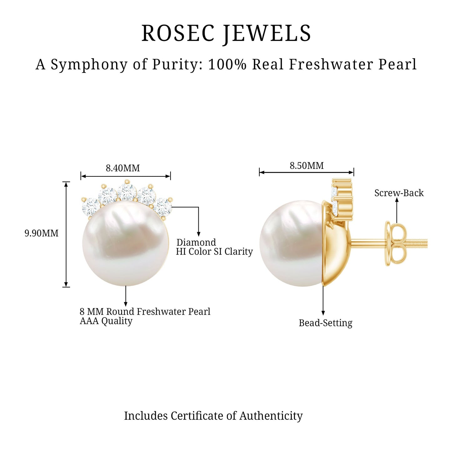 Real Freshwater White Pearl Stud Earrings with Diamonds
