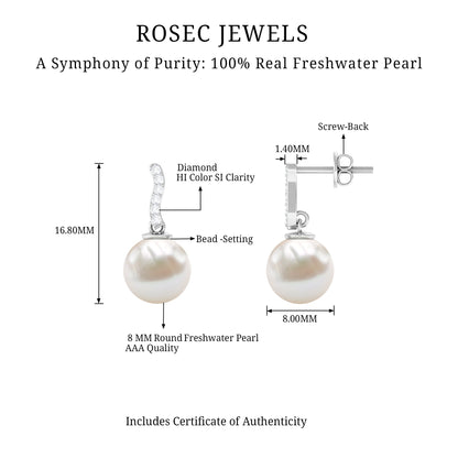 14 Carat Freshwater Pearl Drop Earrings with Diamond