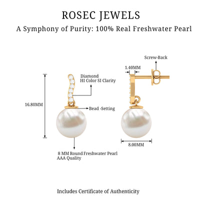 14 Carat Freshwater Pearl Drop Earrings with Diamond