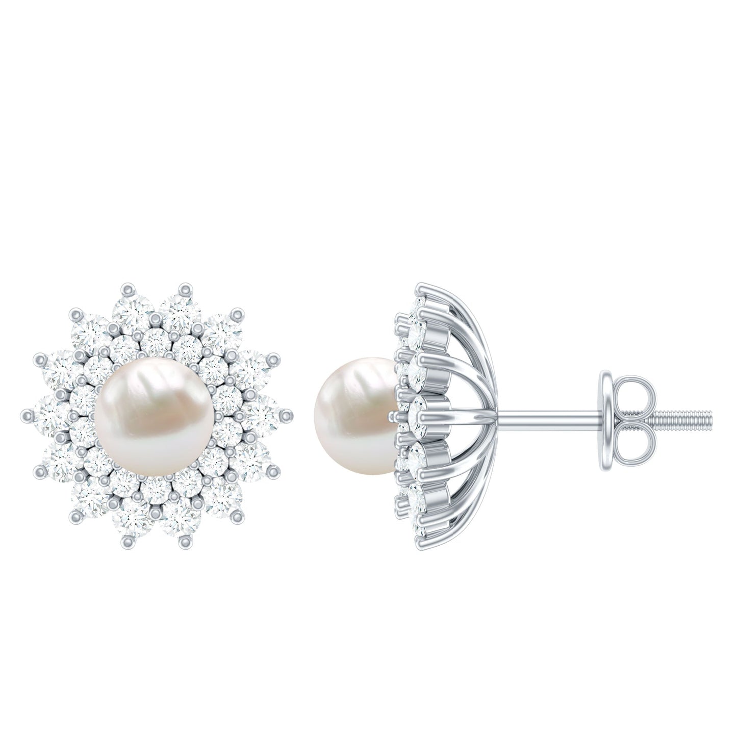 Freshwater Pearl Flower Statement Earrings with Diamond Halo
