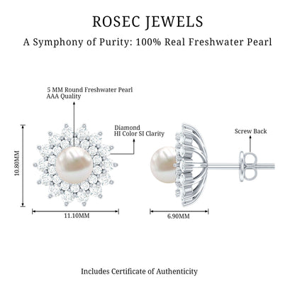 Freshwater Pearl Flower Statement Earrings with Diamond Halo