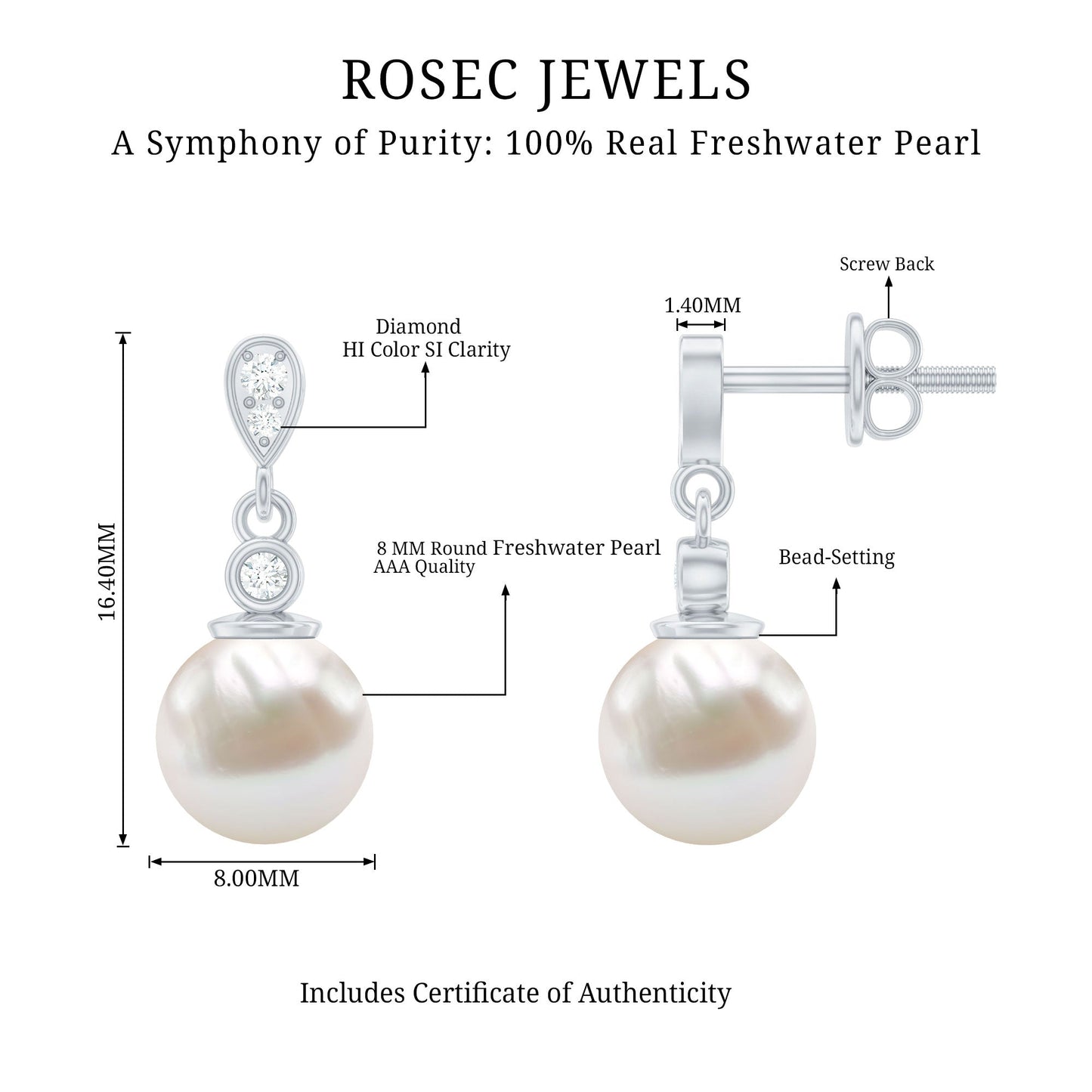 Natural Freshwater Pearl Drop Earrings with Diamond