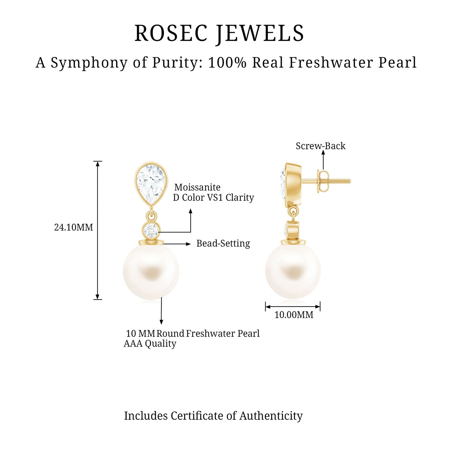 Real Freshwater Pearl and Moissanite Drop Earrings
