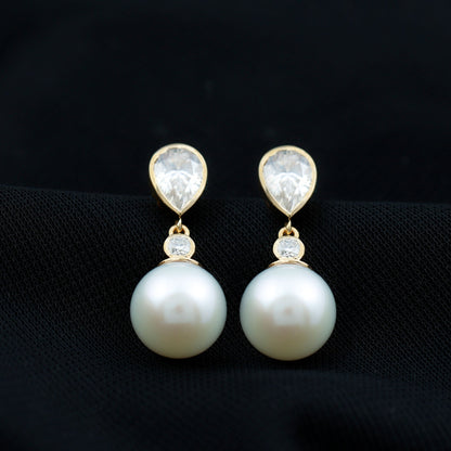 Real Freshwater Pearl and Moissanite Drop Earrings