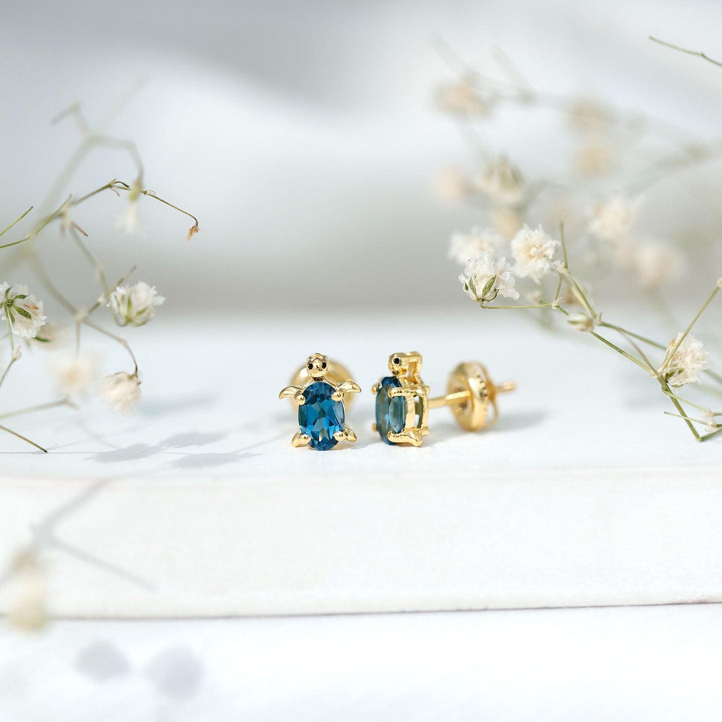 Genuine London Blue Topaz Tortoise Stud Earrings