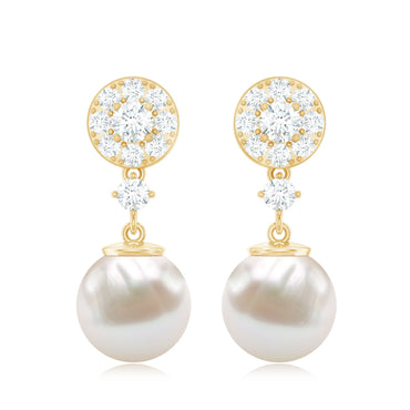 Genuine 6 Carat Freshwater Cultured Pearl Drop Earrings with Diamonds