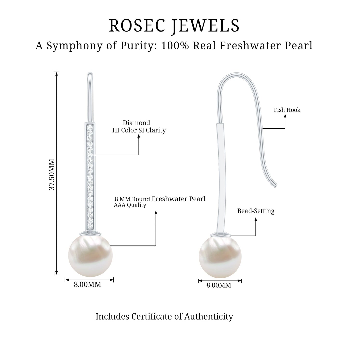 Cultured Freshwater Pearl Diamond Dangle Earrings with Fish Hook