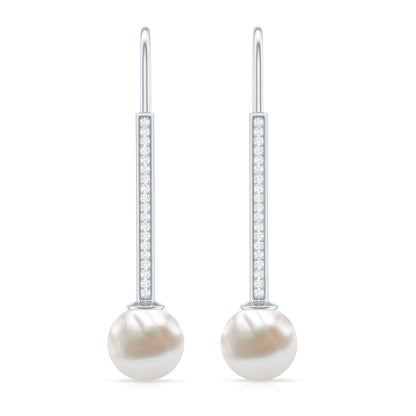 Cultured Freshwater Pearl Diamond Dangle Earrings with Fish Hook