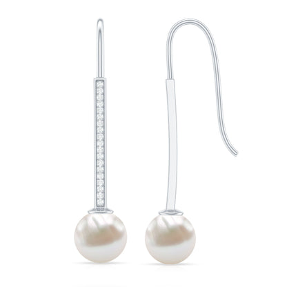 Cultured Freshwater Pearl Diamond Dangle Earrings with Fish Hook