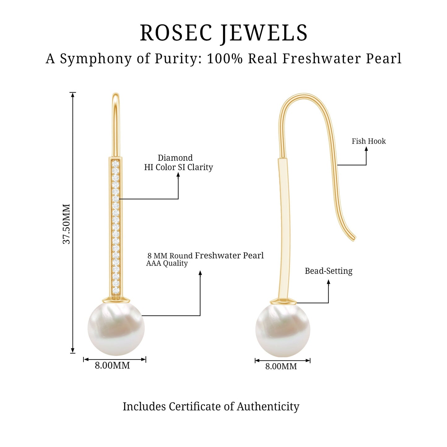 Cultured Freshwater Pearl Diamond Dangle Earrings with Fish Hook