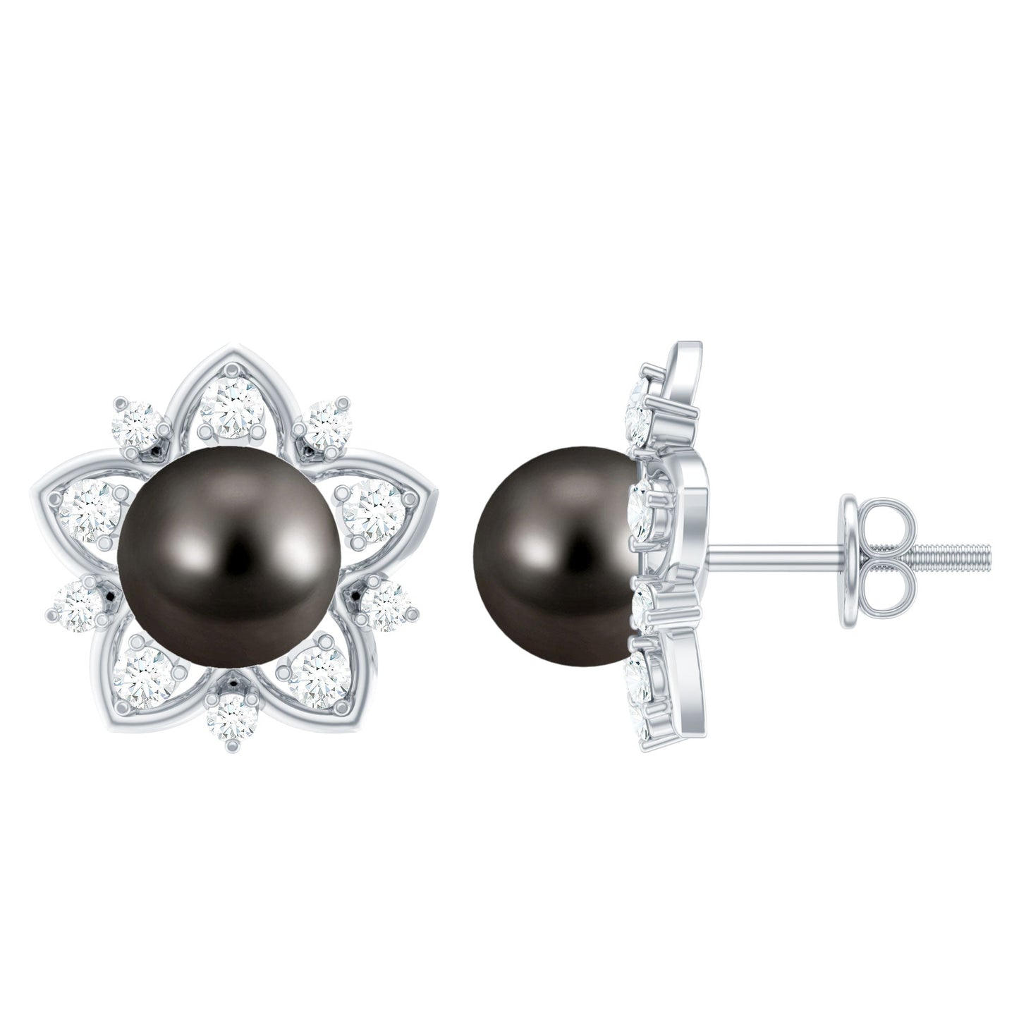 Genuine Tahitian Black Pearl and Diamond Flower Stud Earrings