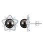 Genuine Tahitian Black Pearl and Diamond Flower Stud Earrings