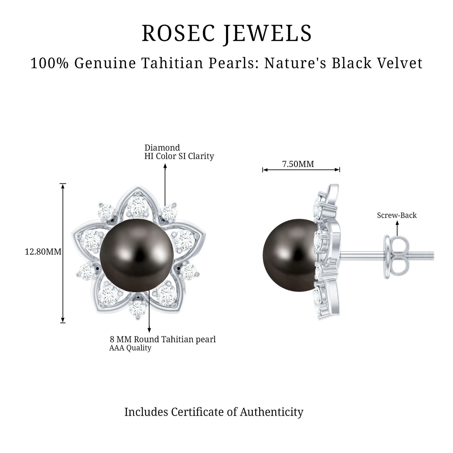 Genuine Tahitian Black Pearl and Diamond Flower Stud Earrings