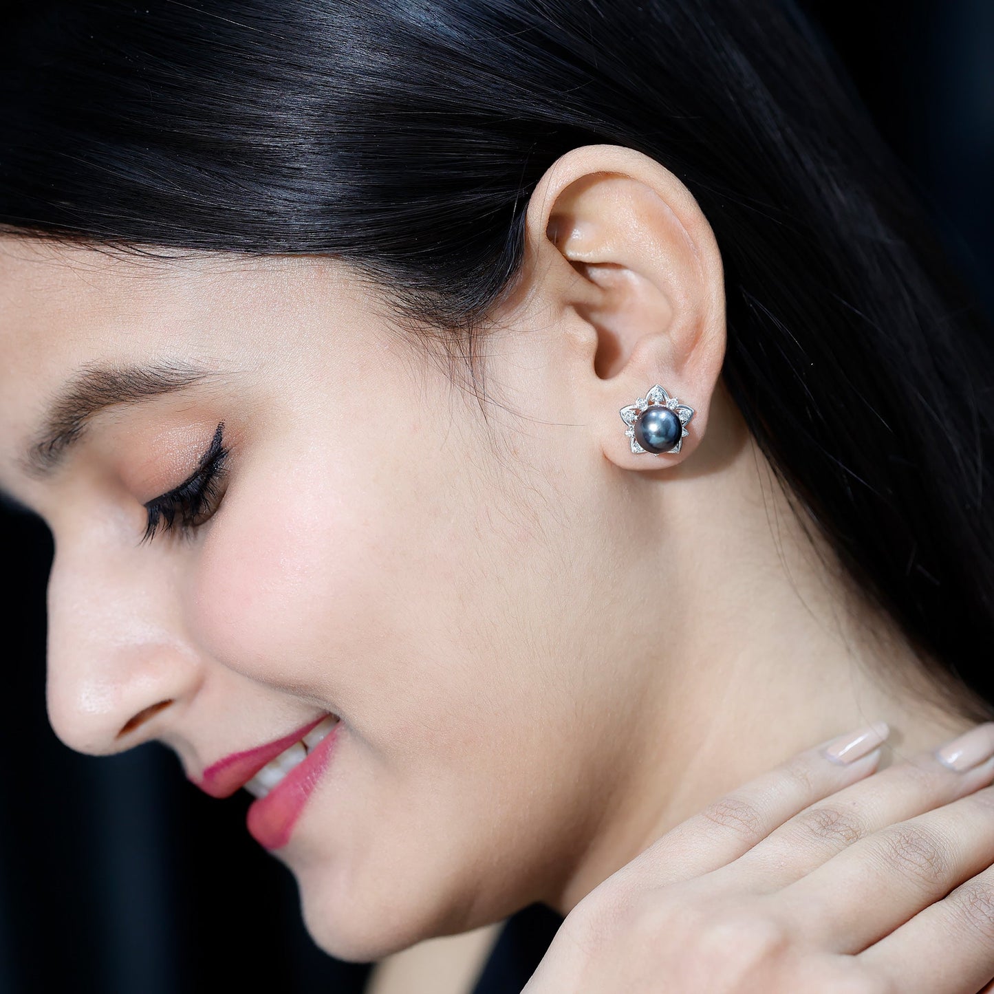 Genuine Tahitian Black Pearl and Diamond Flower Stud Earrings
