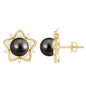 Genuine Tahitian Black Pearl and Diamond Flower Stud Earrings