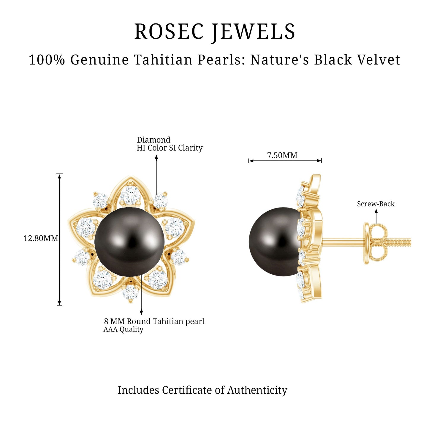 Genuine Tahitian Black Pearl and Diamond Flower Stud Earrings