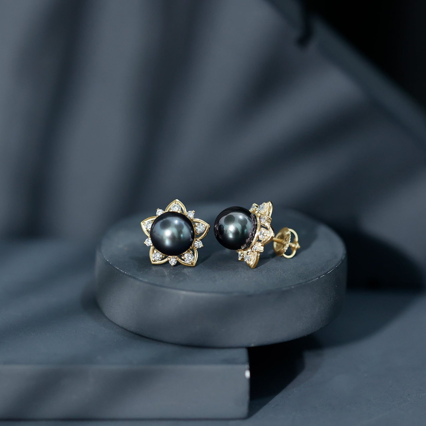Genuine Tahitian Black Pearl and Diamond Flower Stud Earrings