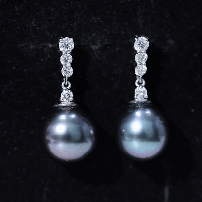 Certified Tahitian Black Pearl Drop Earrings with Diamonds