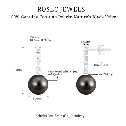Certified Tahitian Black Pearl Drop Earrings with Diamonds