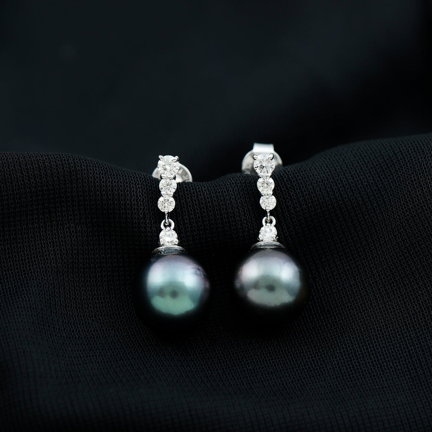 Certified Tahitian Black Pearl Drop Earrings with Diamonds