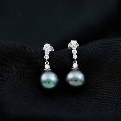 Certified Tahitian Black Pearl Drop Earrings with Diamonds