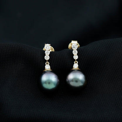 Certified Tahitian Black Pearl Drop Earrings with Diamonds