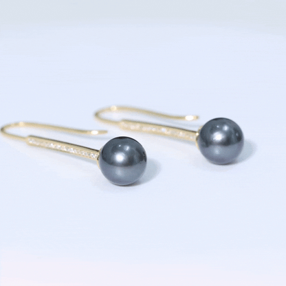 Genuine 15 CT Tahitian Black Pearl and Diamond Dangle Drop Earrings