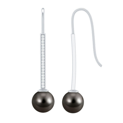Genuine 15 CT Tahitian Black Pearl and Diamond Dangle Drop Earrings
