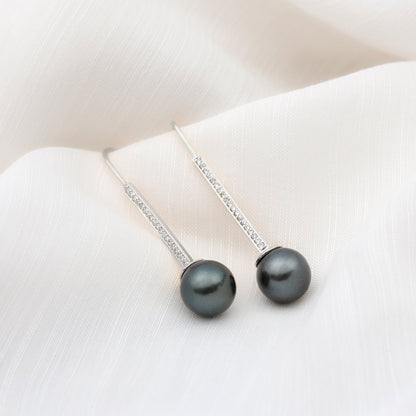 Genuine 15 CT Tahitian Black Pearl and Diamond Dangle Drop Earrings