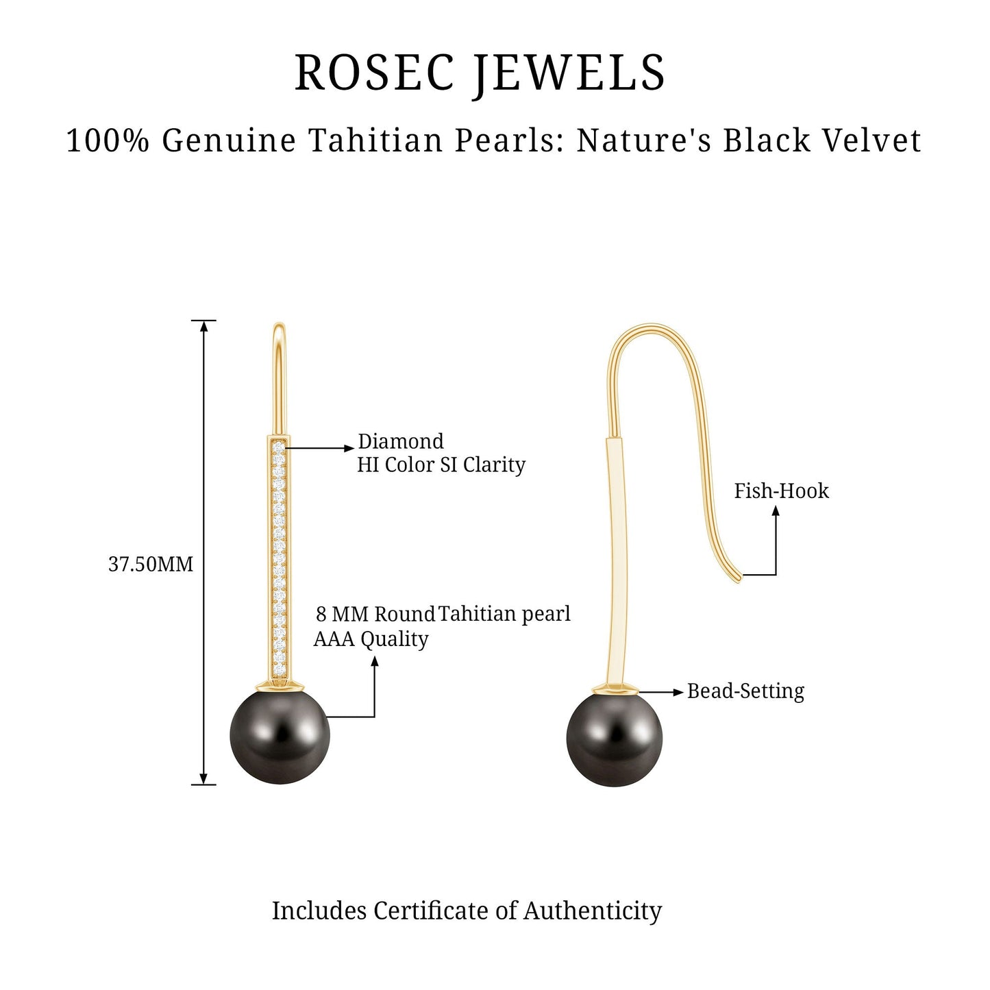 Genuine 15 CT Tahitian Black Pearl and Diamond Dangle Drop Earrings