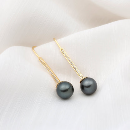 Genuine 15 CT Tahitian Black Pearl and Diamond Dangle Drop Earrings