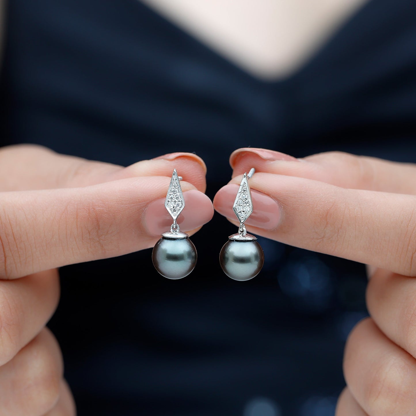 Art Deco Inspired Tahitian Pearl and Diamond Drop Earrings