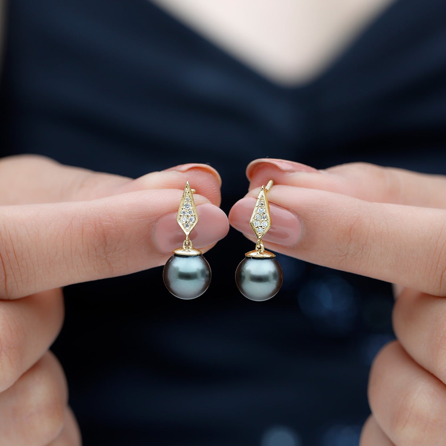 Art Deco Inspired Tahitian Pearl and Diamond Drop Earrings