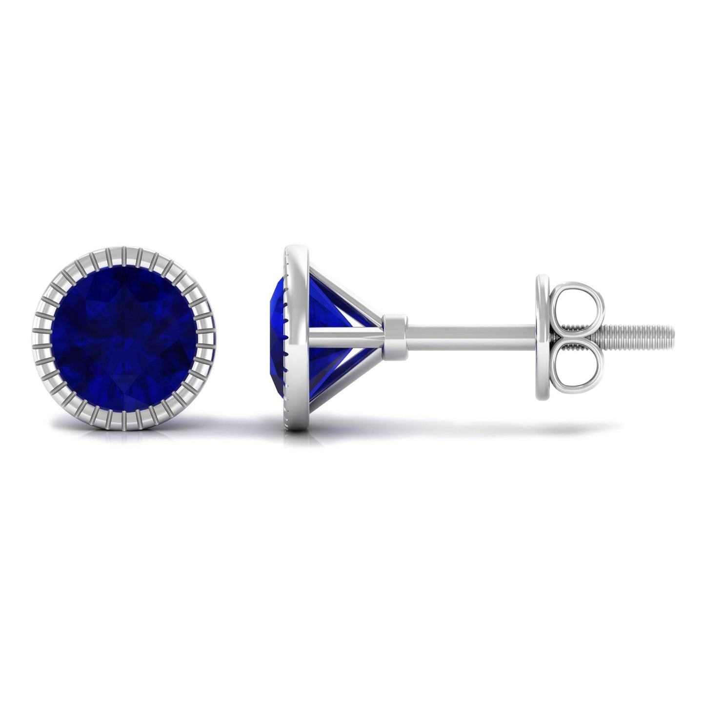 1.9 Carat Round Blue Sapphire Solitaire Stud Earrings in Bezel Setting