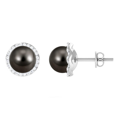 15 Carat Black Pearl and Diamond Halo Stud Earrings