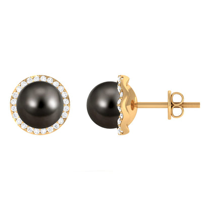 15 Carat Black Pearl and Diamond Halo Stud Earrings