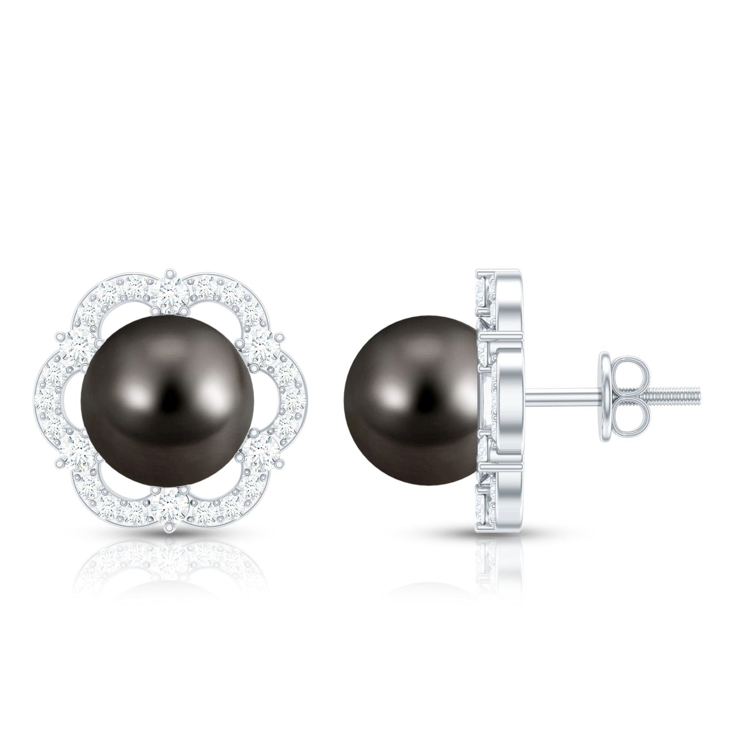 15 CT Tahitian Black Pearl and Diamond Flower Stud Earrings