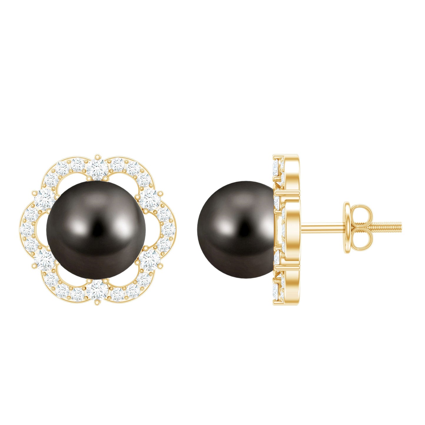 15 CT Tahitian Black Pearl and Diamond Flower Stud Earrings
