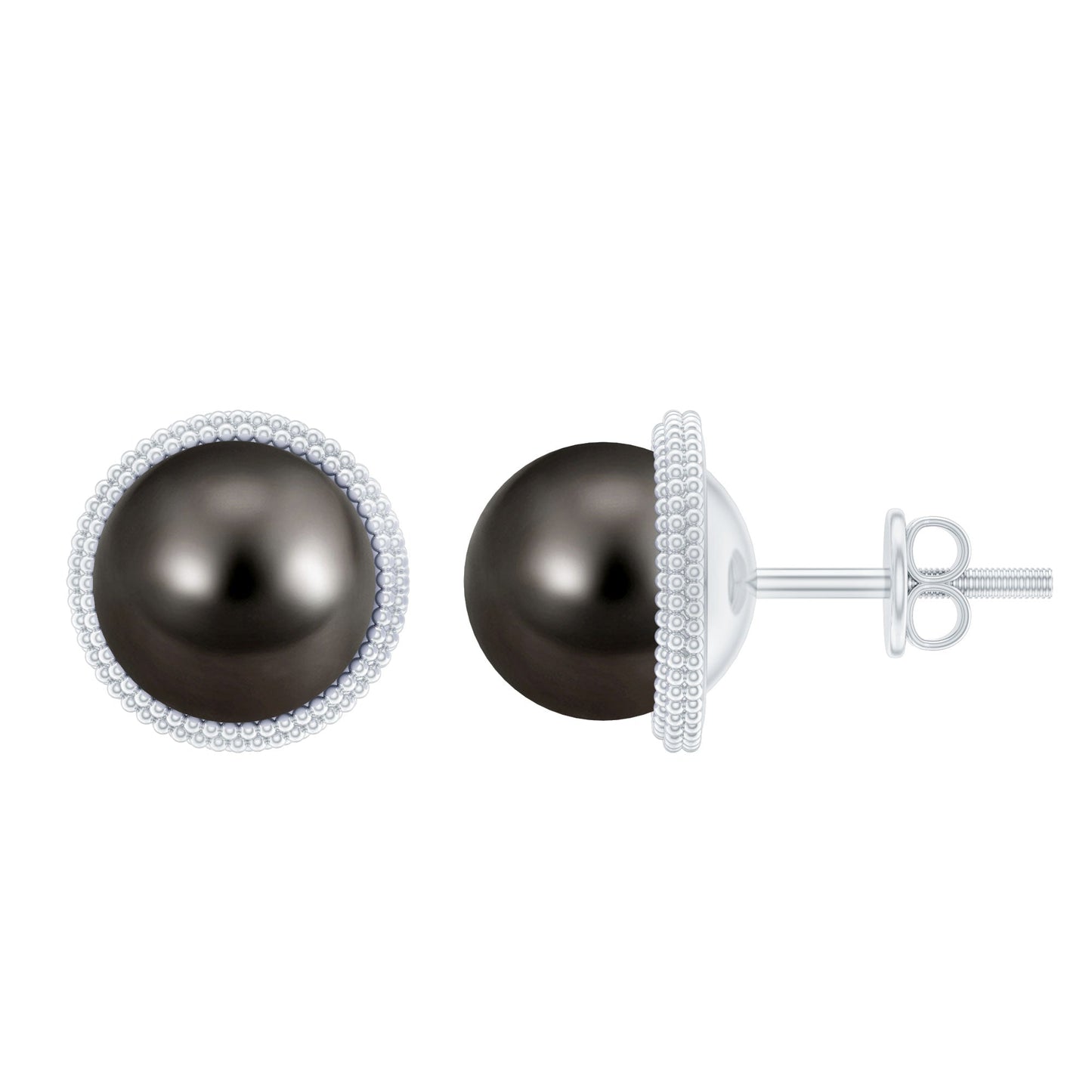 15 Carat Tahitian Black Pearl Solitaire Stud Earrings with Beaded Detail
