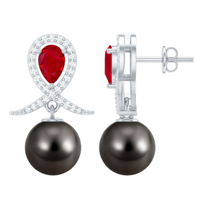 Vintage Style Tahitian Black Pearl Bridal Earrings with Ruby